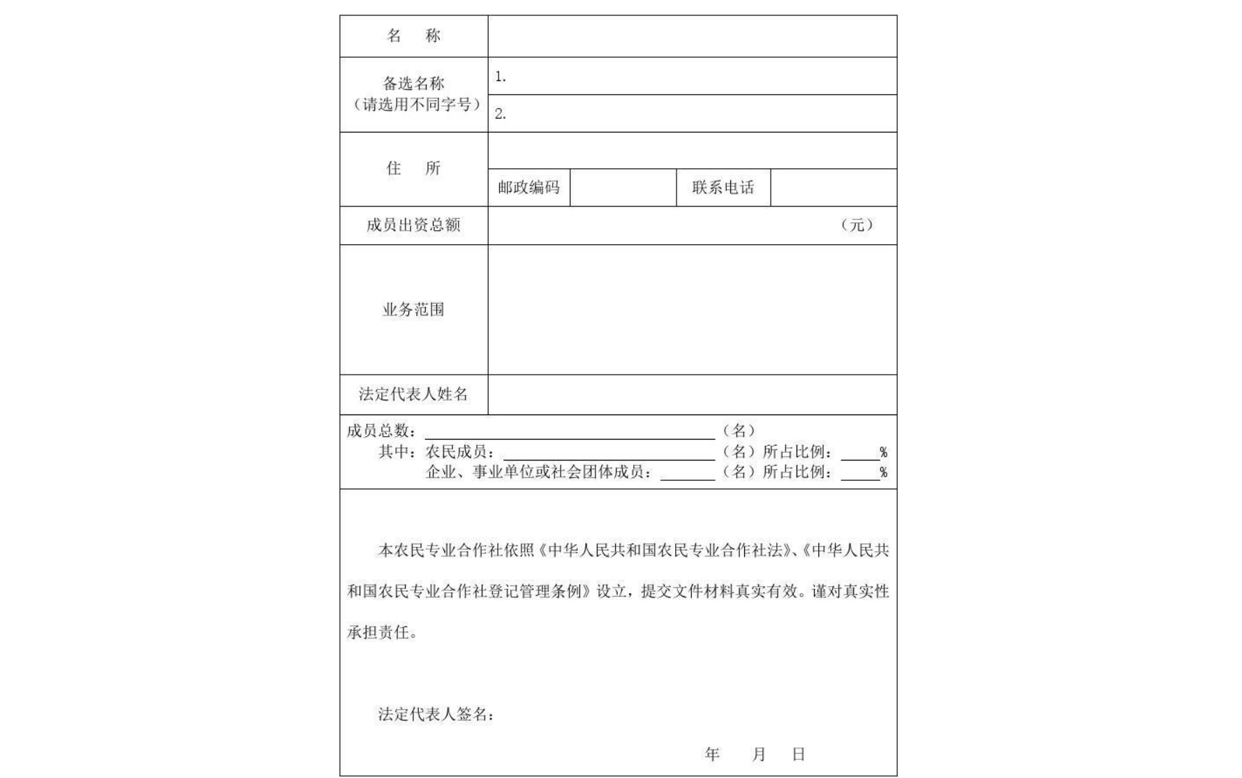 鄭州農民專業(yè)合作社設立登記表模板